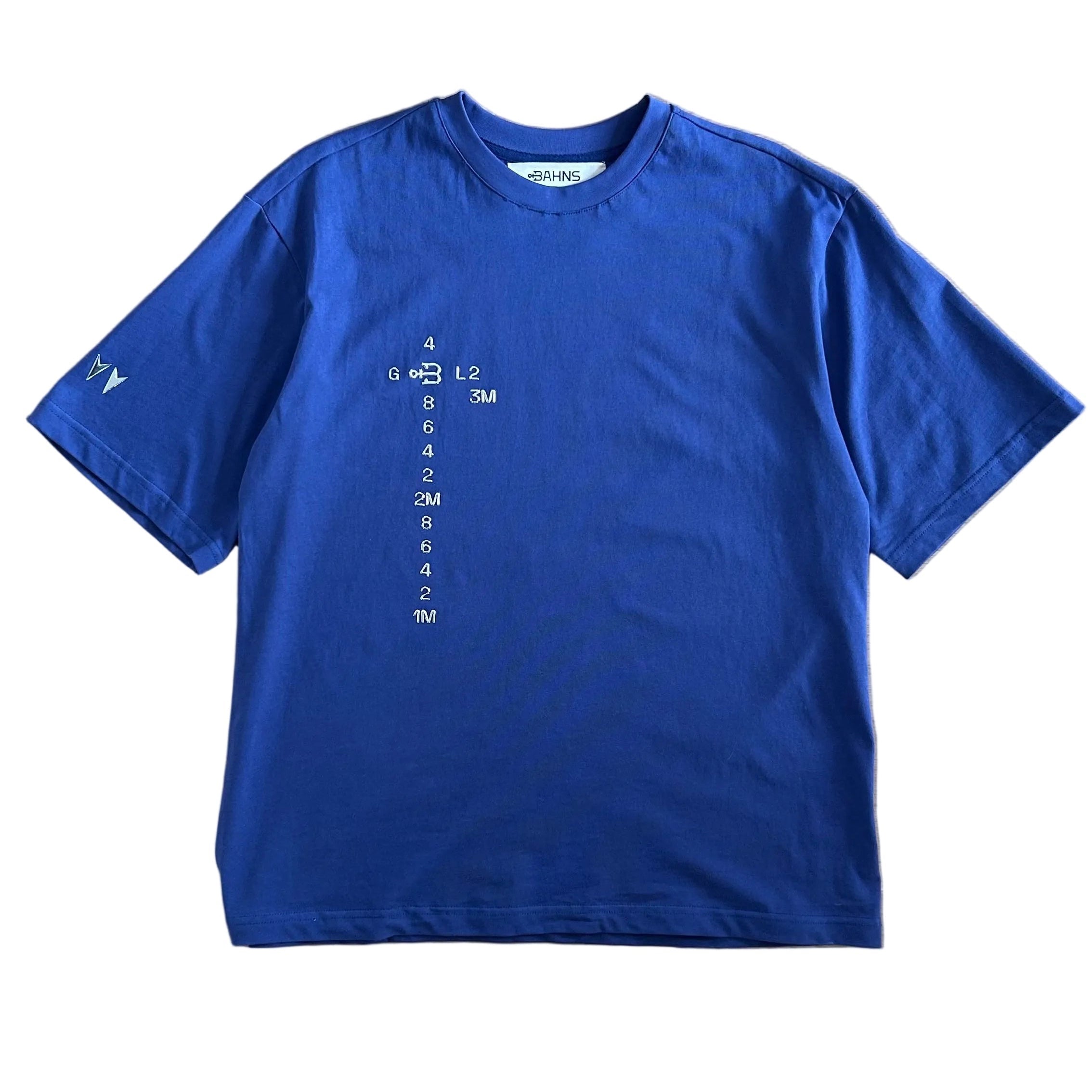 Soft blue BAHNS by helicopter T-shirt featuring a central depth-measurement graphic and logo.