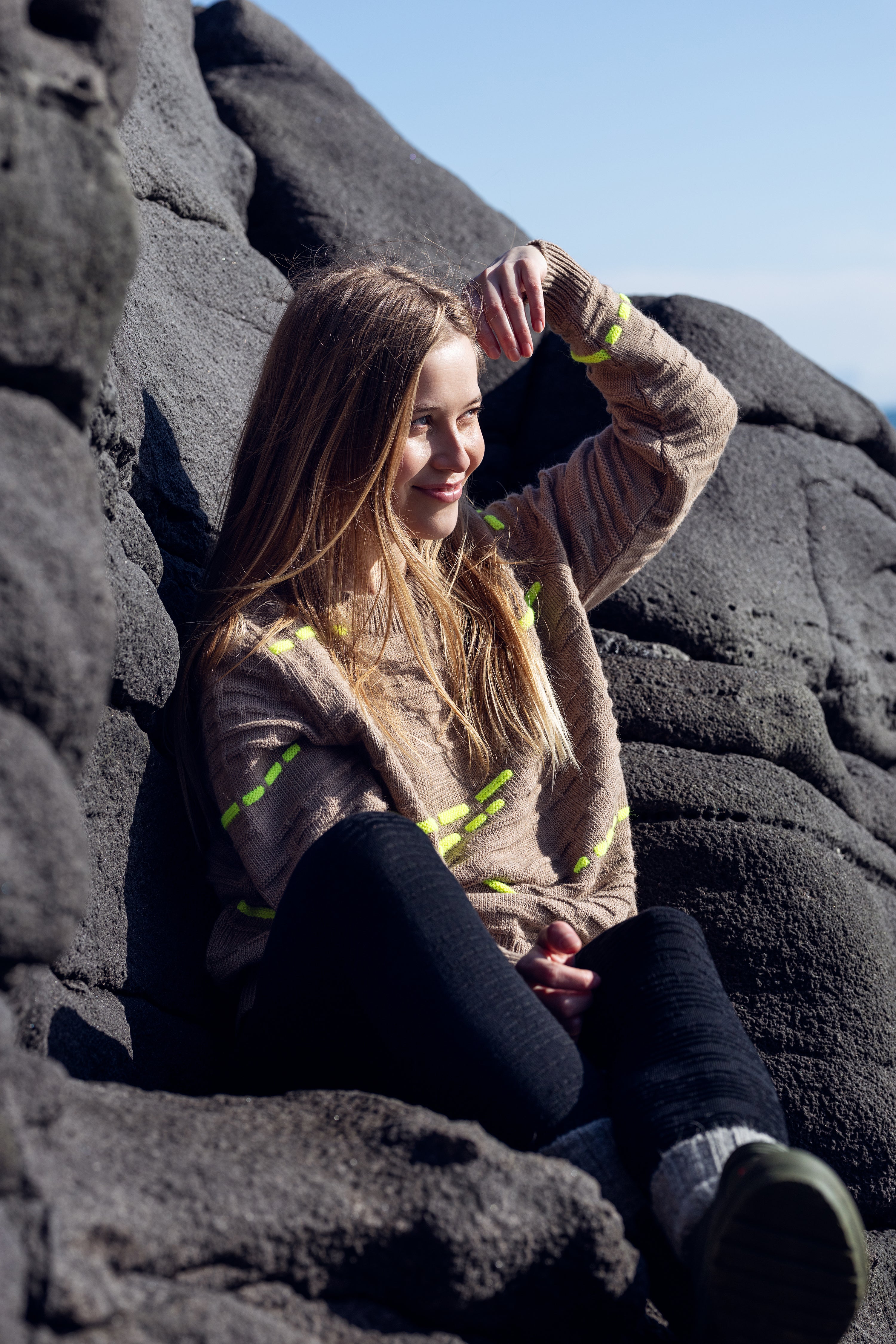 brown and neon unisex wool sweater